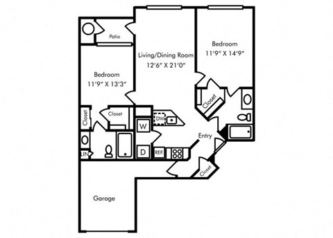 Floor plan for 2 beds, 2 baths, 1167 sqft